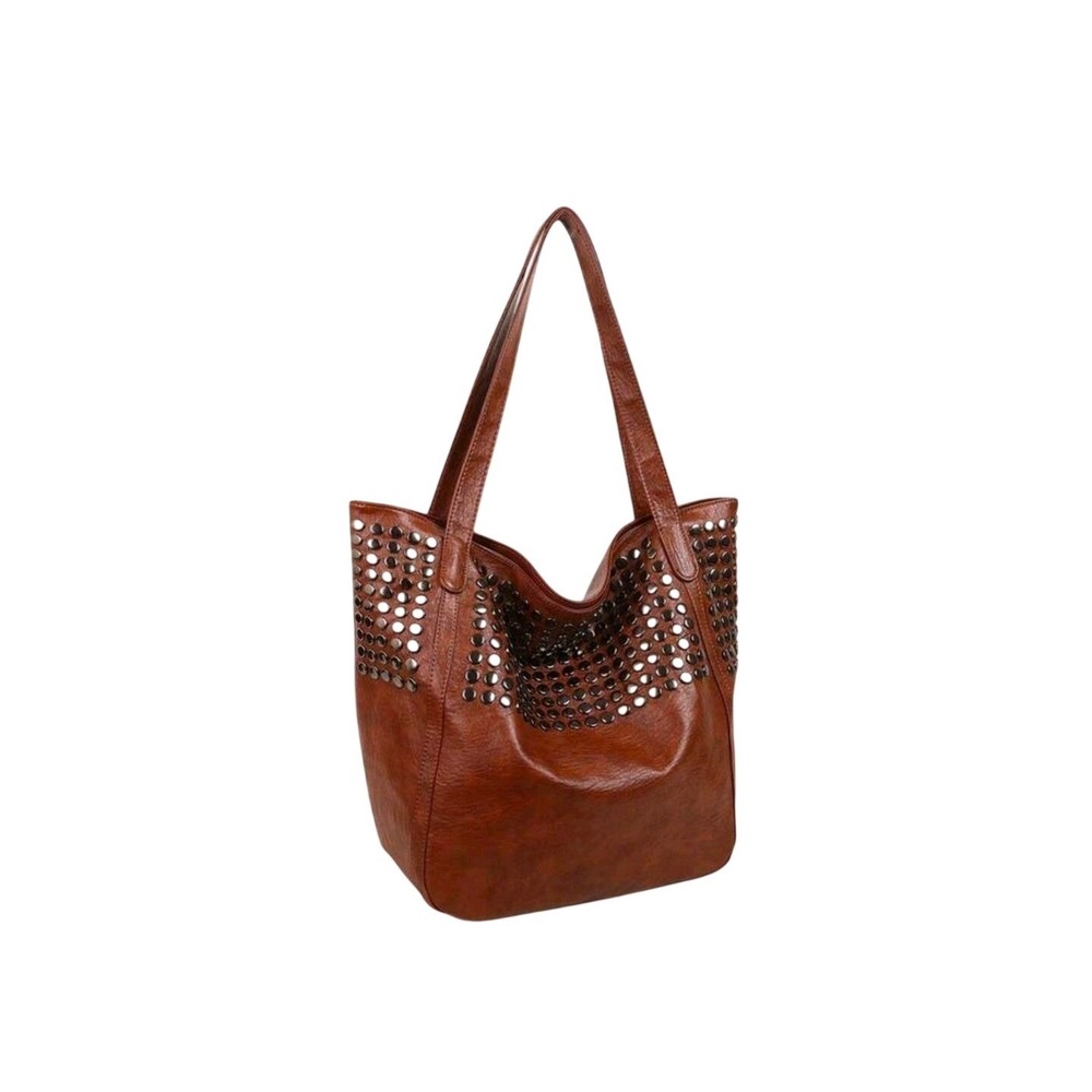 Studded Tote Bag Brown Faux Leather Shoulder Bag Women Large Hobo Purse - Picture 4 of 7